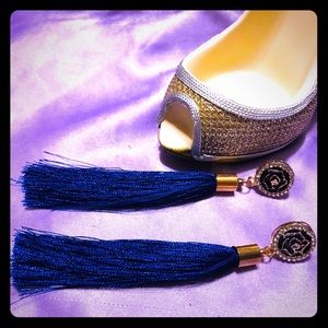 Royal blue/gold tone tassel earrings